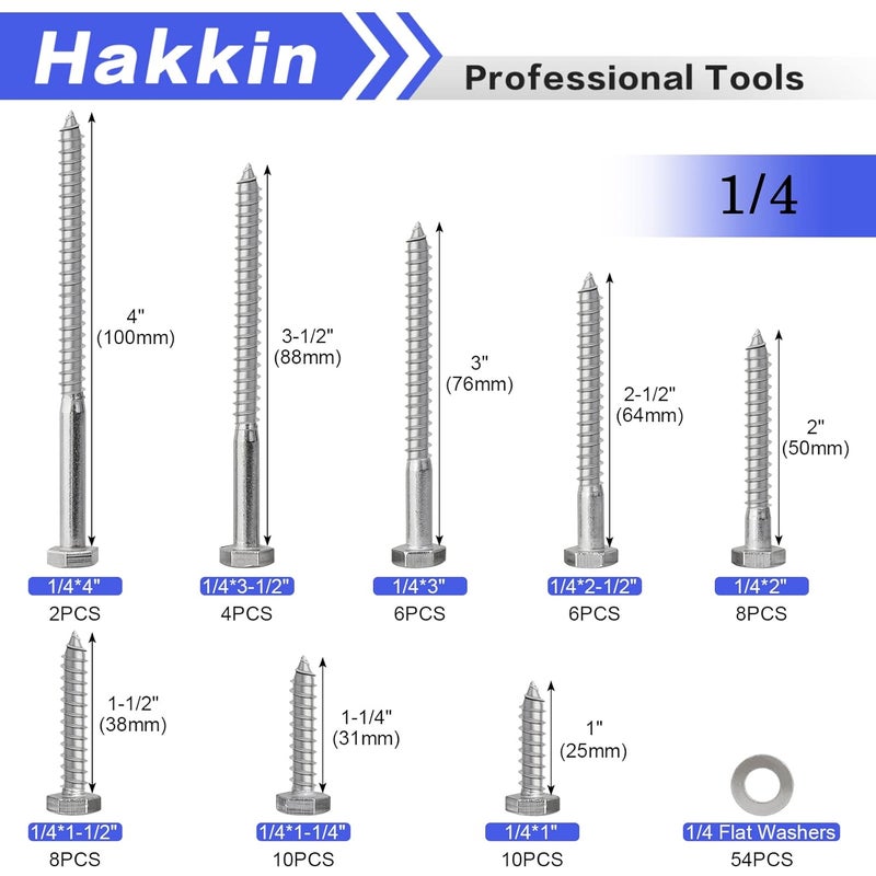 Hakkin 108PCS 1/4" Hexagon Head Lag Screws,304 Stainless Steel Hex Lag Bolts 1" 1-1/4" 1-1/2" 2" 2-1/2" 3" 3-1/2" 4", Wood Screws Washers Assortment Kit with Storage Case - Image 2